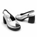 Dámske kožené strieborné slingback sandále na platforme Dámske kožené strieborné slingback sandále na platforme